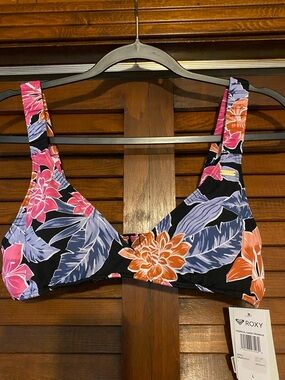 Roxy Tropical Floral Bikini Top - Black with Pink, Orange & Lavender Sz L